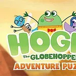 Kolme piirrettyä hahmoa, sininen ja vihreä hyönteinen sekä violetti lintu, iloisina keltaista taustaa vasten, tekstin Hogie the Globehopper: Adventure Puzzle yläpuolella