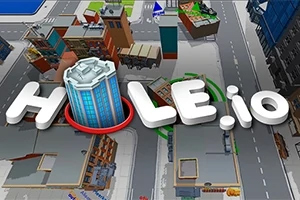 Hole.io Kaupunkiympäristö, jossa on teitä ja rakennuksia, ja tekstissä lukee Hole