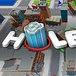 Hole.io Kaupunkiympäristö, jossa on teitä ja rakennuksia, ja tekstissä lukee Hole