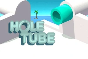 Valkoisia rakennelmia ja vihreä putki turkoosia taustaa vasten, etualalla teksti HOLE TUBE