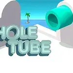 Valkoisia rakennelmia ja vihreä putki turkoosia taustaa vasten, etualalla teksti HOLE TUBE