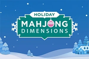 Talvisessa maisemassa on logo, jossa lukee Holiday Mahjong Dimensions, ympärillä lumihiutaleita ja koristeita