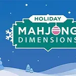 Talvisessa maisemassa on logo, jossa lukee Holiday Mahjong Dimensions, ympärillä lumihiutaleita ja koristeita