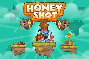 Honey Shot Karhu hahmona avaruuspukuisena pienellÀ saarella, jonka ympÀrillÀ on kaksi suurta mehilÀistÀ ja muita saaria taustalla
