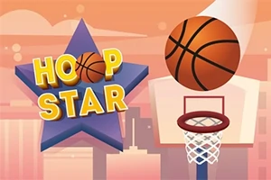 Koripallo leijuu koripallokorin yläpuolella kaupungin siluetin edessä, ja taustalla on violetti tähti, jossa lukee HOOP STAR