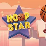 Koripallo leijuu koripallokorin yläpuolella kaupungin siluetin edessä, ja taustalla on violetti tähti, jossa lukee HOOP STAR