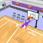 Hahmo dunkkaa koripalloa sisätilojen kentällä, taustalla näkyy Hoop World -kylttejä