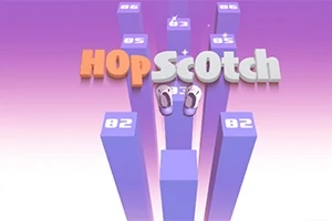 Violetti tausta, vaaleanvioletteja pylväitä, joiden päällä numeroita, keskellä kaksi jalkaa ja värikäs teksti HopScotch