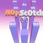 Violetti tausta, vaaleanvioletteja pylväitä, joiden päällä numeroita, keskellä kaksi jalkaa ja värikäs teksti HopScotch