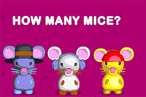 Kolme eriväristä piirrettyä hiirtä hattujen kanssa värikkäällä taustalla, tekstillä HOW MANY MICE?