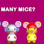 Kolme eriväristä piirrettyä hiirtä hattujen kanssa värikkäällä taustalla, tekstillä HOW MANY MICE?
