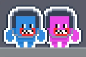 Kaksi pikseligrafiikalla tehtyä, värikästä avaruusolentoa tai robottihahmoa vierekkäin, toinen sininen ja toinen pinkki, kummallakin on suuri suu ja terävät hampaat