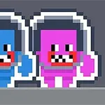 Kaksi pikseligrafiikalla tehtyä, värikästä avaruusolentoa tai robottihahmoa vierekkäin, toinen sininen ja toinen pinkki, kummallakin on suuri suu ja terävät hampaat