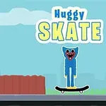 Sininen hahmo, jolla on punainen suu ja terävät hampaat, seisoo skeittilaudalla vaaleansinisellä taustalla otsikon Huggy Skate alla