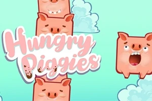 Vaaleansinisellä taustalla on piirrettyjä, ilmeikkäitä possuja ja holoisia pilviä, joissa keskellä teksti Hungry Piggies