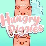 Vaaleansinisellä taustalla on piirrettyjä, ilmeikkäitä possuja ja holoisia pilviä, joissa keskellä teksti Hungry Piggies