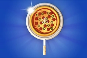 Sinisellä taustalla suurennuslasin alla oleva pizza, jossa on pepperoni- ja vihannesviipaleita, ja suurennuslasin reunalta heijastuu valon välähdys