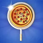 Sinisellä taustalla suurennuslasin alla oleva pizza, jossa on pepperoni- ja vihannesviipaleita, ja suurennuslasin reunalta heijastuu valon välähdys