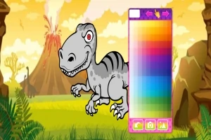 Piirretty dinosaurus seisoo värikkäällä taustalla, joka sisältää tulivuoren ja kasvillisuutta, ja kuvassa on väripaletti oikeassa reunassa