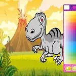 Piirretty dinosaurus seisoo värikkäällä taustalla, joka sisältää tulivuoren ja kasvillisuutta, ja kuvassa on väripaletti oikeassa reunassa