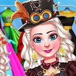Kaksi hymyilevää naishahmoa värikkäitä mekkoja taustalla; oikealla hahmolla steampunk-tyylinen hattu ja silmälasit
