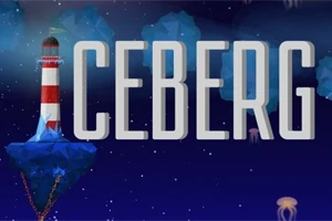 Majakka seisoo sinisellä kalliolla ja taustalla on suuret kirjaimet ICEBERG