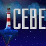 Majakka seisoo sinisellä kalliolla ja taustalla on suuret kirjaimet ICEBERG