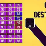 Violetti laatikko kasvoilla oikealla, numerosarjoja vasemmalla, ja teksti Idle Destroyer oranssilla taustalla