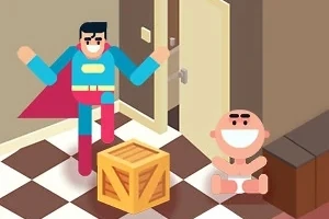 Animoitu supersankari hyppää puulaatikon yli huoneessa, jossa on istuva hymyilevä vauva ruskealla ja valkoisella ruutulattialla