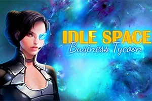 Nainen scifi-puvussa sinisen ja violetin galaktisen taustan edessä