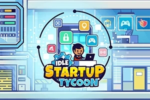 Piirroskuva iloisesta hahmosta kannettavan tietokoneen äärellä, ympärillä ilmassa erilaisia kuvakkeita ja keskellä teksti Idle Startup Tycoon