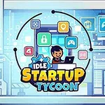 Piirroskuva iloisesta hahmosta kannettavan tietokoneen äärellä, ympärillä ilmassa erilaisia kuvakkeita ja keskellä teksti Idle Startup Tycoon