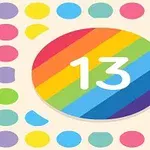Keskellä on iso ovaali, jossa on sateenkaaren värisiä raitoja ja numero 13, ympärillä on eri värisiä pieniä palloja
