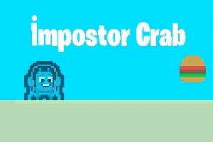 Sinisävyinen pikseligrafiikkahahmo vasemmalla, teksti impostor Crab ylhäällä ja värikäs hampurilaiskuvio oikealla