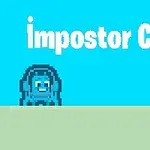 Sinisävyinen pikseligrafiikkahahmo vasemmalla, teksti impostor Crab ylhäällä ja värikäs hampurilaiskuvio oikealla