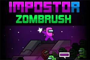 Värikäs hahmo loikkaa tähtien alla laumaa vihreitä zombeja karkuun, otsikolla IMPOSTOR ZOMBRUSH