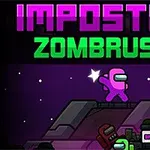Värikäs hahmo loikkaa tähtien alla laumaa vihreitä zombeja karkuun, otsikolla IMPOSTOR ZOMBRUSH
