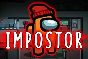 Oranssi avaruuspukuinen hahmo punaisella pipolla seisoo sanan IMPOSTOR edessä, punaisella korostettuna
