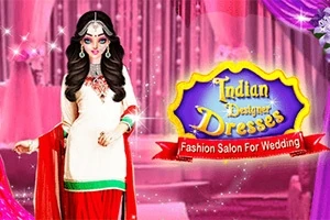 Nainen perinteisessä intialaisessa asussa, taustalla vaaleanpunaiset ja violetit koristeet; kuvaan sisältyy teksti Indian Designer Dresses Fashion Salon For Wedding