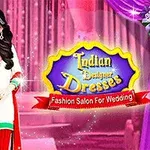Nainen perinteisessä intialaisessa asussa, taustalla vaaleanpunaiset ja violetit koristeet; kuvaan sisältyy teksti Indian Designer Dresses Fashion Salon For Wedding