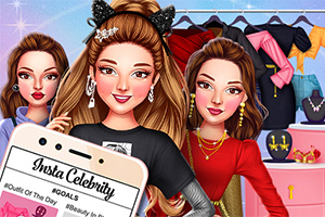 Kolme tyylikästä hahmoa poseeraavat vaatekaapin edessä, ja etualalla on älypuhelin, jossa näkyy Insta Celebrity