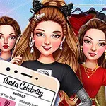 Kolme tyylikästä hahmoa poseeraavat vaatekaapin edessä, ja etualalla on älypuhelin, jossa näkyy Insta Celebrity