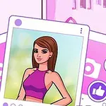 Nuori nainen violettissa toppissa keskellä digitaalisten valokuvien ja sosiaalisen median kuvakkeiden ympäröimänä