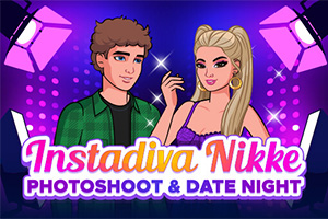 Miehen ja naisen piirroskuva, he ovat pukeutuneet tyylikkäästi ja taustalla on kirkkaat valot sekä teksti Instadiva Nikke Photoshoot & Date Night