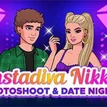 Miehen ja naisen piirroskuva, he ovat pukeutuneet tyylikkäästi ja taustalla on kirkkaat valot sekä teksti Instadiva Nikke Photoshoot & Date Night