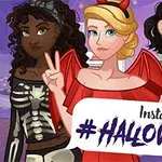 Kolme piirrettyä hahmoa Halloween-puvuissa poseeraavat yhdessä, keskimmäinen tekee rauhanmerkin, edessä kyltti tekstillä Instagirls #HALLOWEEN