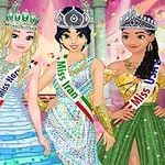 Neljän piirretyn prinsessan muodostama ryhmä, kukin kruunu päässään ja värikkäissä iltapuvuissa, yhdistää Miss-voittaja-nauhat eri maiden nimillä