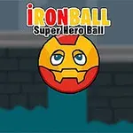 Kuva esittää puna-keltaista palloa, jolla on siniset silmät ja yläpuolella teksti IRONBALL Super Hero Ball