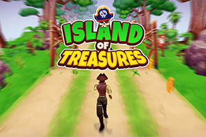 Piirroshahmo juoksee hiekkapolkua eteenpäin vehreässä metsässä, ja yläpuolella on värikäs logo, jossa on merirosvolaiva ja teksti Island of Treasures