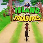 Piirroshahmo juoksee hiekkapolkua eteenpäin vehreässä metsässä, ja yläpuolella on värikäs logo, jossa on merirosvolaiva ja teksti Island of Treasures